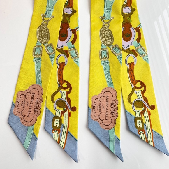 HERMES SILK YELLOW BEIGE BROWN BLUE Bandeau TWILLY WRAP SET OF 2 - Picture 5 of 16